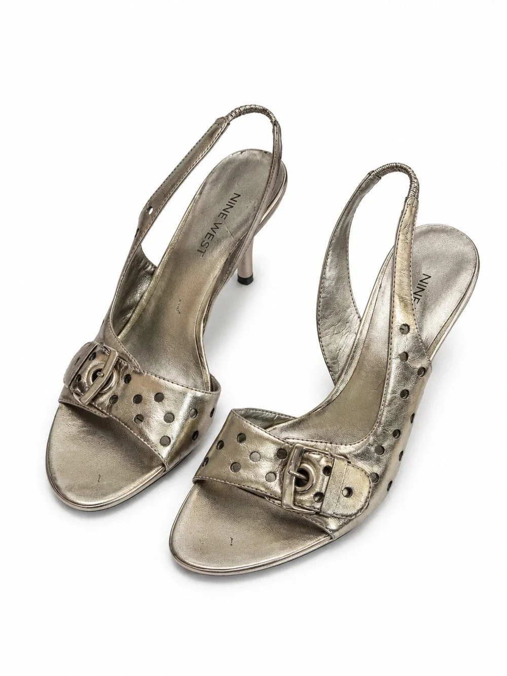Vintage Y2K Nine West Silver Leather Perforated Buckle Slingback Heels 6.5M